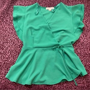 Monteau Kelly Green Wrap Flutter Sleeve Blouse